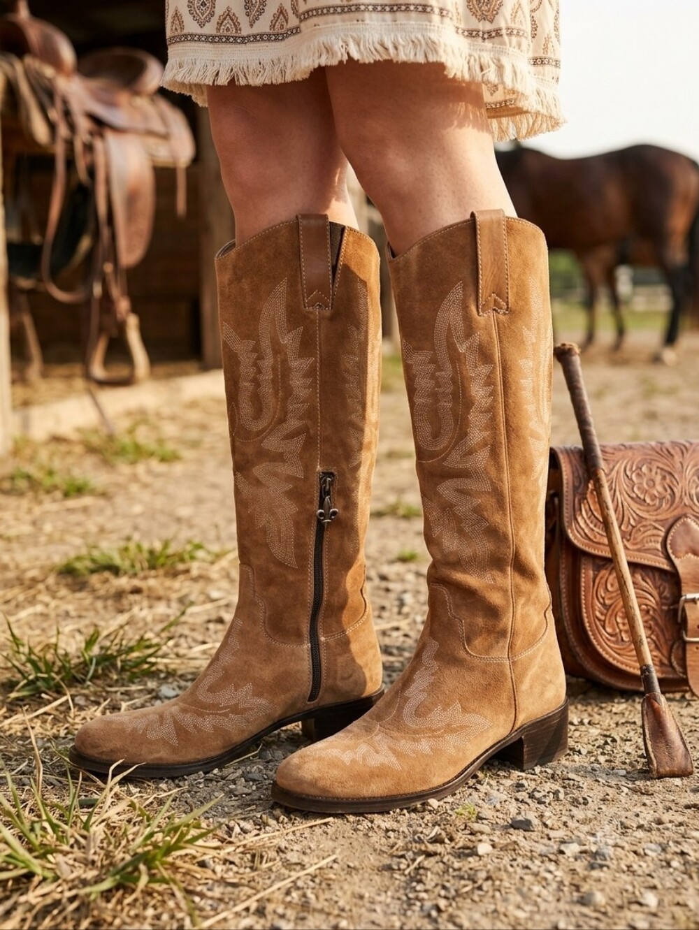 Donald J Pliner Western Couture Italian Tan Suede Tall Cowboy Boots 7.5